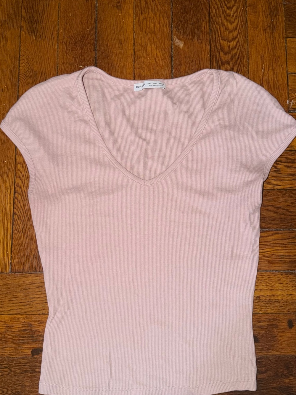 Bershka Pale Pink Ribbed V-Neck Short Sleeve Top